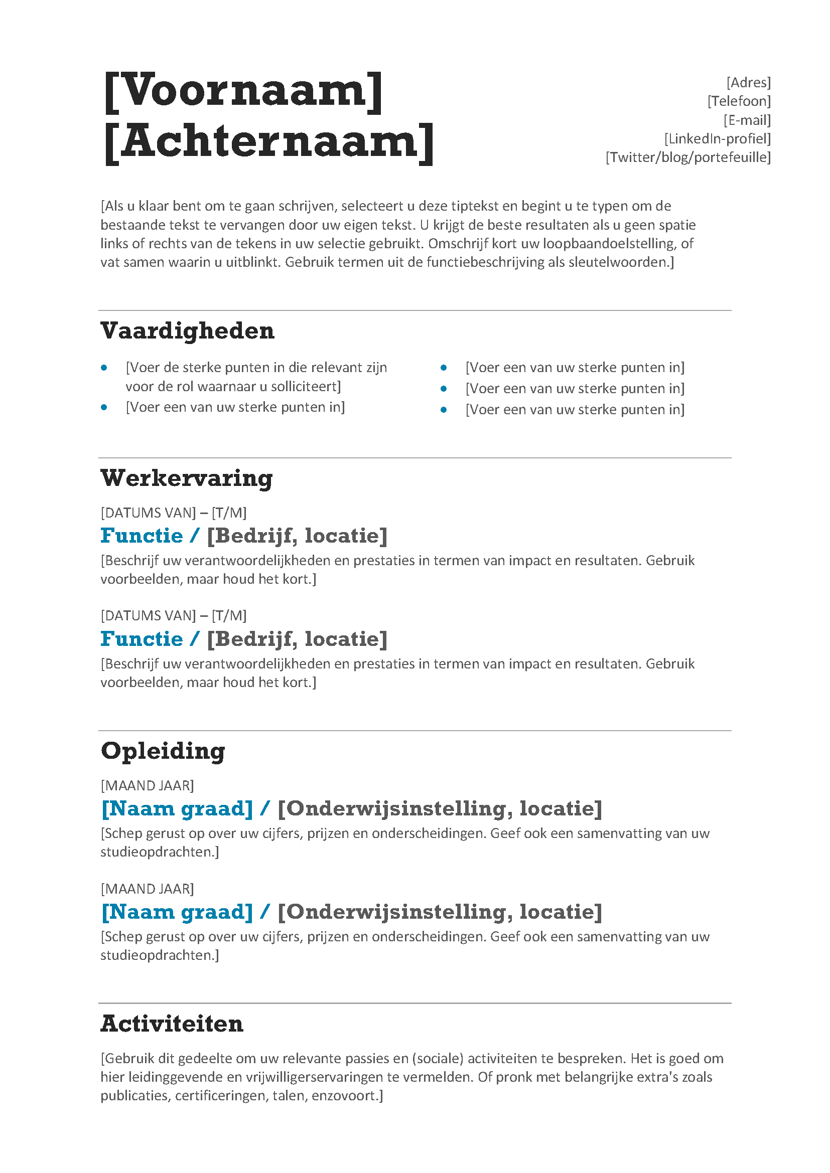 Klassiek CV Template Voorbeeld